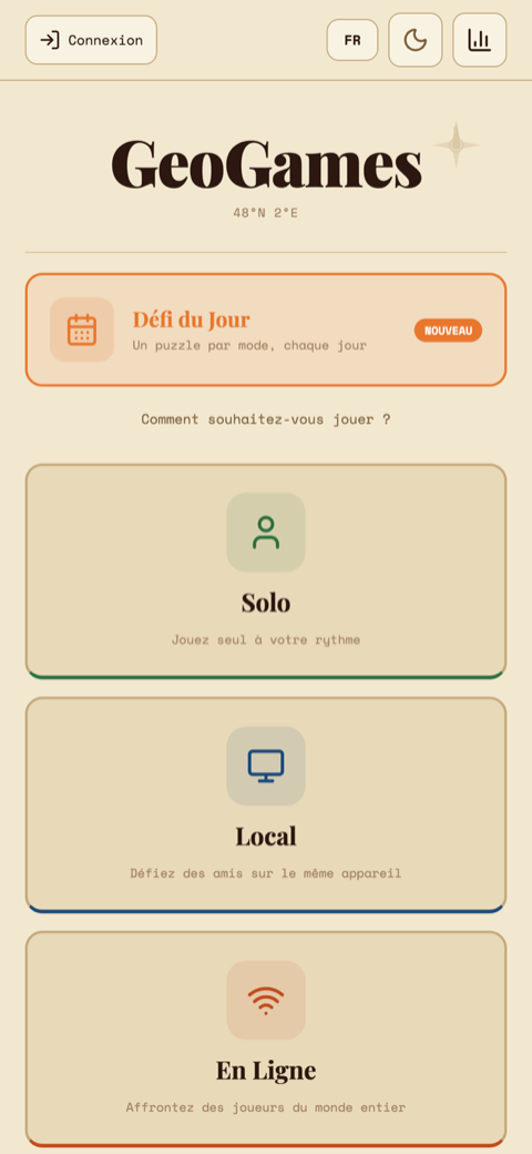 Menu principal de GeoG : défi du jour, mode solo, local et en ligne