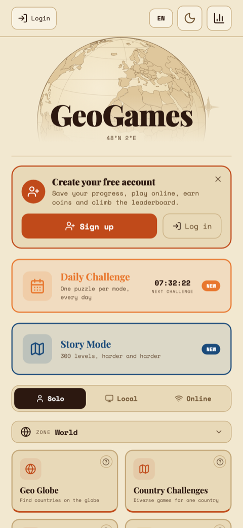 GeoG main menu: daily challenge, solo, local and online modes