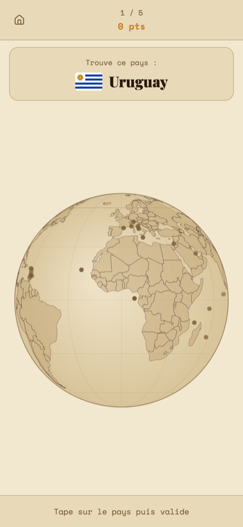 Mode Globe 3D de GeoG : localiser l'Uruguay sur un globe de style atlas ancien