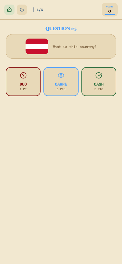 GeoG Flags mode: one flag to identify among four countries